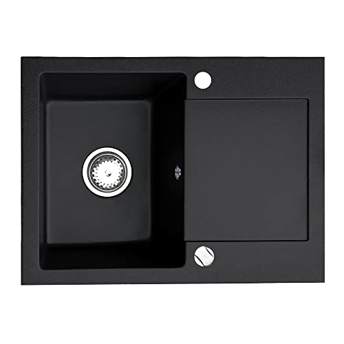 Manestein Spülbecken, Küchenspüle aus Granit, Einbauspüle, Abtropffläche,Einzelbecken mit Siphon, Fleckenbeständig und Pflegeleicht, 80% Quarzsand, 1 Becken, 57 x 43 cm, Schwarz