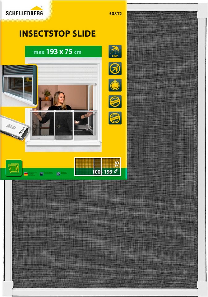 SCHELLENBERG Insektenschutz-Fensterrahmen Fliegengitter Schiebefenster, ausziehbar bis max. 75 x 100 - 193 cm, weiß und anthrazit