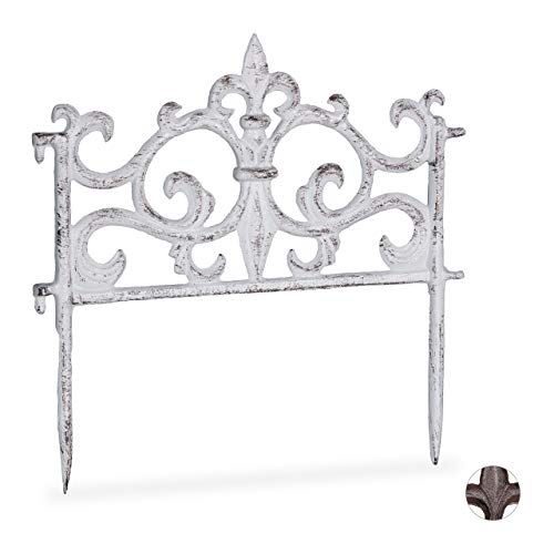 Relaxdays Beetzaun, Gusseisen, Vintage Design, einzeln, erweiterbar, Erdspieß, dekorativer Steckzaun, HxB 27x27 cm, weiß, 1 Stück