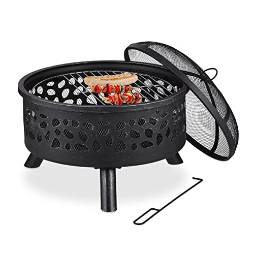 Relaxdays Feuerschale mit Grillrost & Funkenschutz, Schürhaken, Kohlerost, Ø 60 cm, Feuerstelle Garten, schwarz/Silber, 51 x 60 x 60 cm