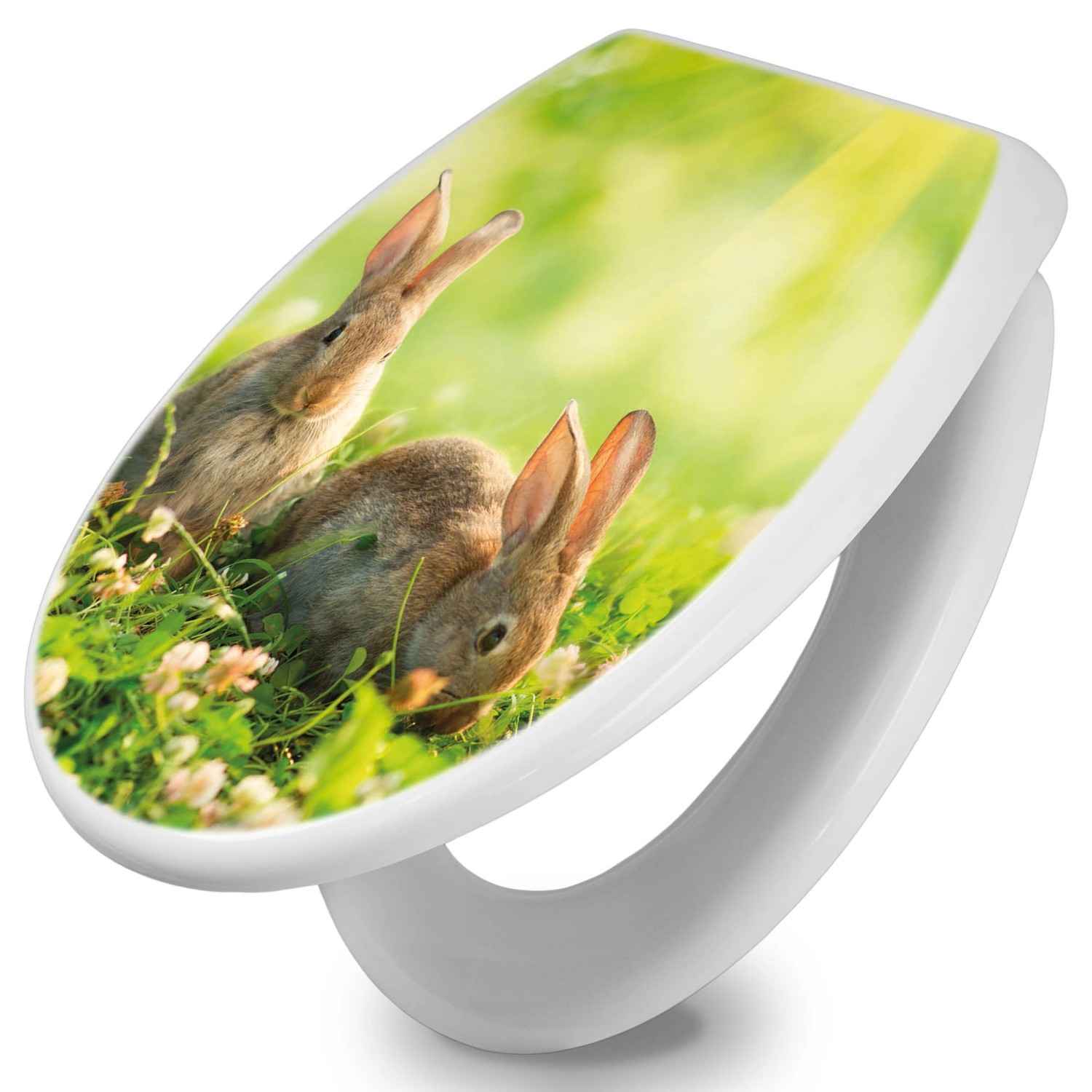 Banjado Toilettendeckel, WC-Sitz mit Absenkautomatik, Soft Close, Duroplast, Weiß, Motiv Drei Hasen, leichte Montage