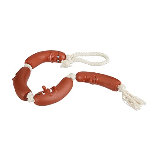 Relaxdays 4 x Hundespielzeug Wurst, kleine & mittlere Hunde, robust, ohne Quietscher, Kauspielzeug, 65 cm lang, rot-weiß