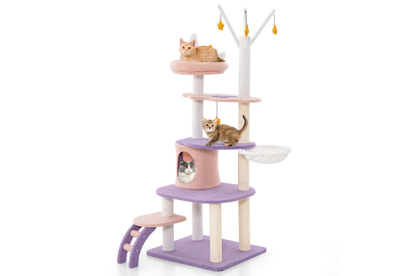 COSTWAY Kratzbaum, mit Katzenhöhle & Leiter & Hängematte, 59x49x158cm, Purpurnes Pink