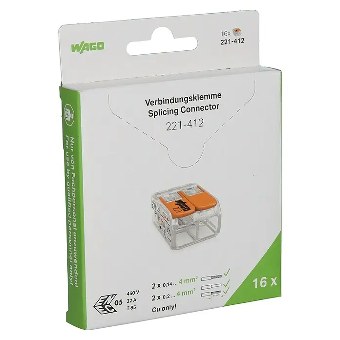 Wago Compact Hebelklemme 221-412, 2 Leiter, 0,14 mm² - 4 mm², 16 Stück, platzsparend und werkzeuglos lösbar