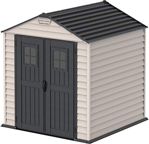 Duramax StoreMax PLUS 7 x 7 (4.44 m²) Kunststoff gerätehaus mit robustem Kunststoffboden und festen Fenstern in den Türen, robuste Metalldachkonstruktion, wartungsfreier Lagerschuppen, Grau/ Adobe