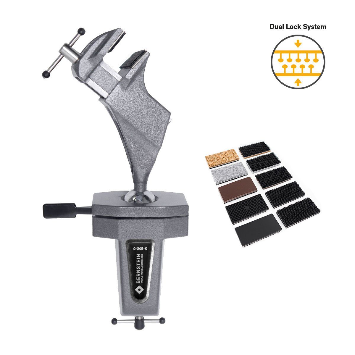 BERNSTEIN TOOLS FOR ELECTRONICS Gelenkschraubstock Kugelgelenk-Schraubstock SPANNFIX zum Anklemmen (Klett)+9-900-K50-SET, ergonomische Haltung, verschiedene Spannbacken, magnetische Anbringung
