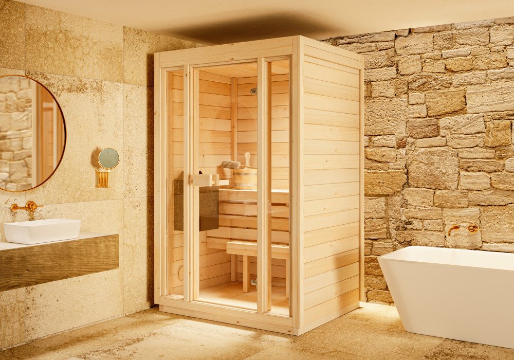 FinnTherm Innensauna Kuuma S, 2-Personen Sauna mit 42 mm Wandstärke, inkl. Fußboden, naturbelassen, BxTxH: 138 x 111 x 213 cm