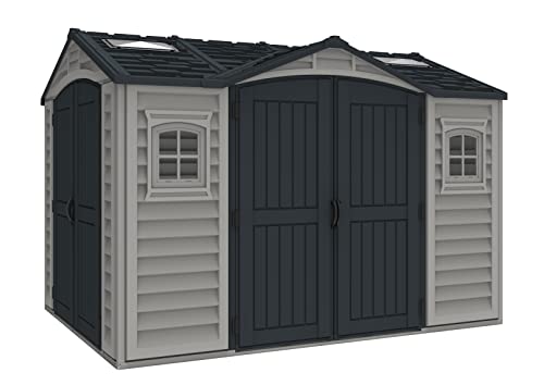 Duramax Apex Pro Plus Gartenhaus aus Kunststoff, 26,7 x 20,3 cm, Doppeltüren, Metall-Fundament, 2 feste Fenster, 2 Dachfenster-Sets, Adobe/Dunkelgrau