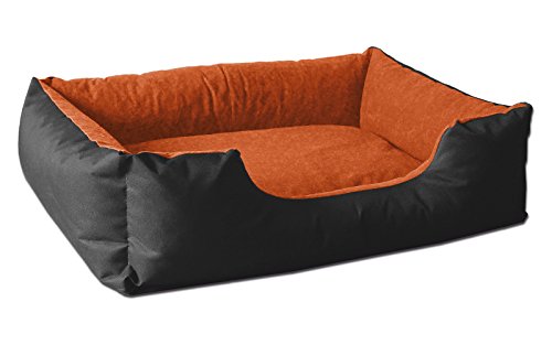 BedDog® Hundebett LUPI, Hundesofa aus Cordura, Microfaser-Velours, waschbares Hundebett mit Rand, Hundekissen Vier-eckig, für drinnen, draußen, L, ORANGE-Garden, schwarz-orange