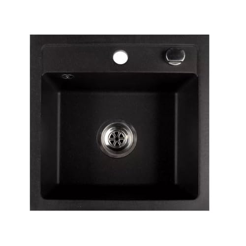 QLS Bella Granitspülbecken 44x44 cm, mit automatischem Siphon, hitzebeständig und pflegeleicht, Schwarz Metallic