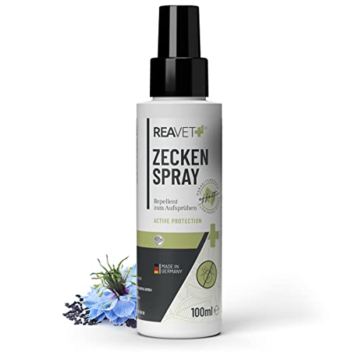 ReaVET Zeckenschutz Zeckenspray Hund 100ml - Natürliches Zeckenmittel für Hunde mit Schwarzkümmelöl, Sofortschutz gegen Zecken - auch bei Kriebelmücken & Hirschlausfliegen, Zecken-Spray für Welpen