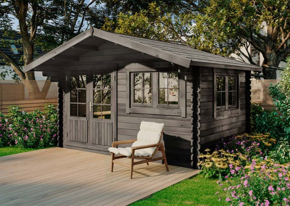 Alpholz Gartenhaus Gabriel-34 400 x 300 cm, BxT: 428x367 cm, B 428 x T 367 x H 263 cm, Leimholz-Doppeltür, Doppelfenster, 34 mm Wandstärke, grau imprägniert - Preisvergleich