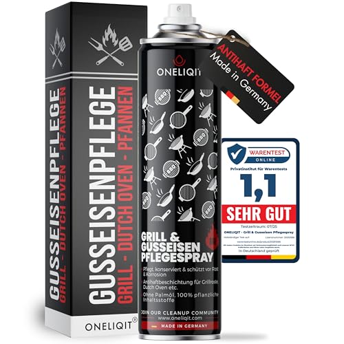 ONELIQIT® Grill & Gusseisen Pflegespray 400ml, Antihaft-Spray für Grillrost und Dutch Oven, pflanzlich und palmölfrei