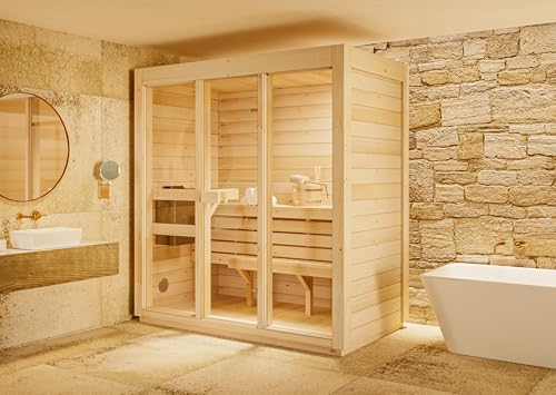 FinnTherm Innensauna Kuuma M, 42 mm Wandstärke, naturbelassen, inkl. Fußboden, für bis zu 3 Personen, BxTxH: 199 x 111 x 213 cm