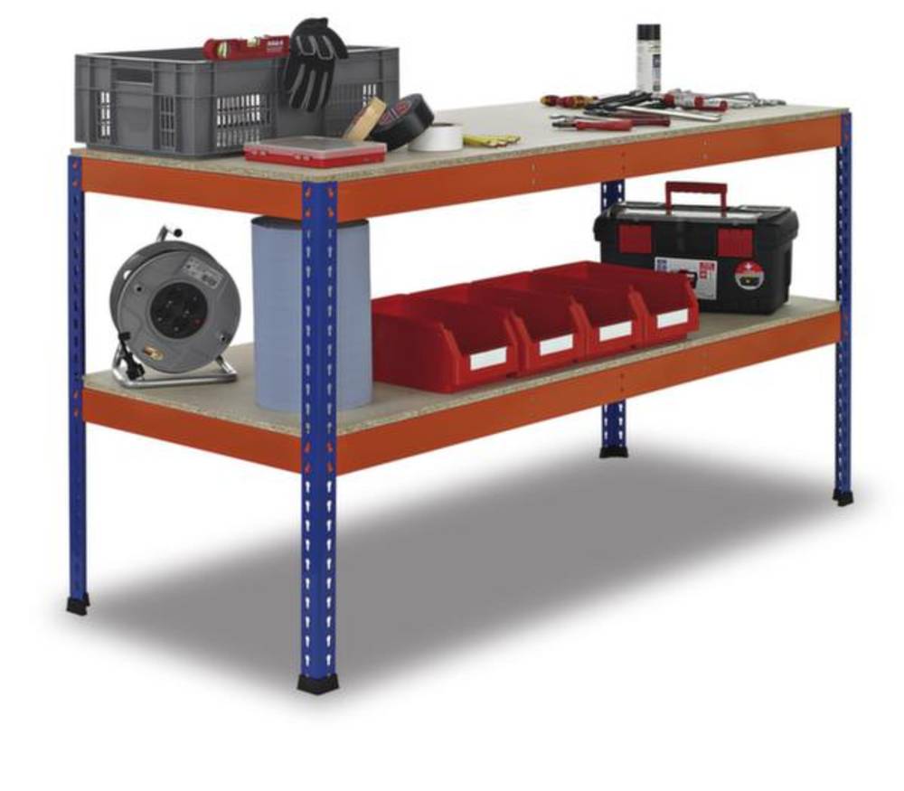 SCHULTE Lagertechnik 18000-A4 Werkbank, Holzplatte, Traglast 320 kg, Stahlgestell blau/orange, Maße 1536 x 990 x 773 mm
