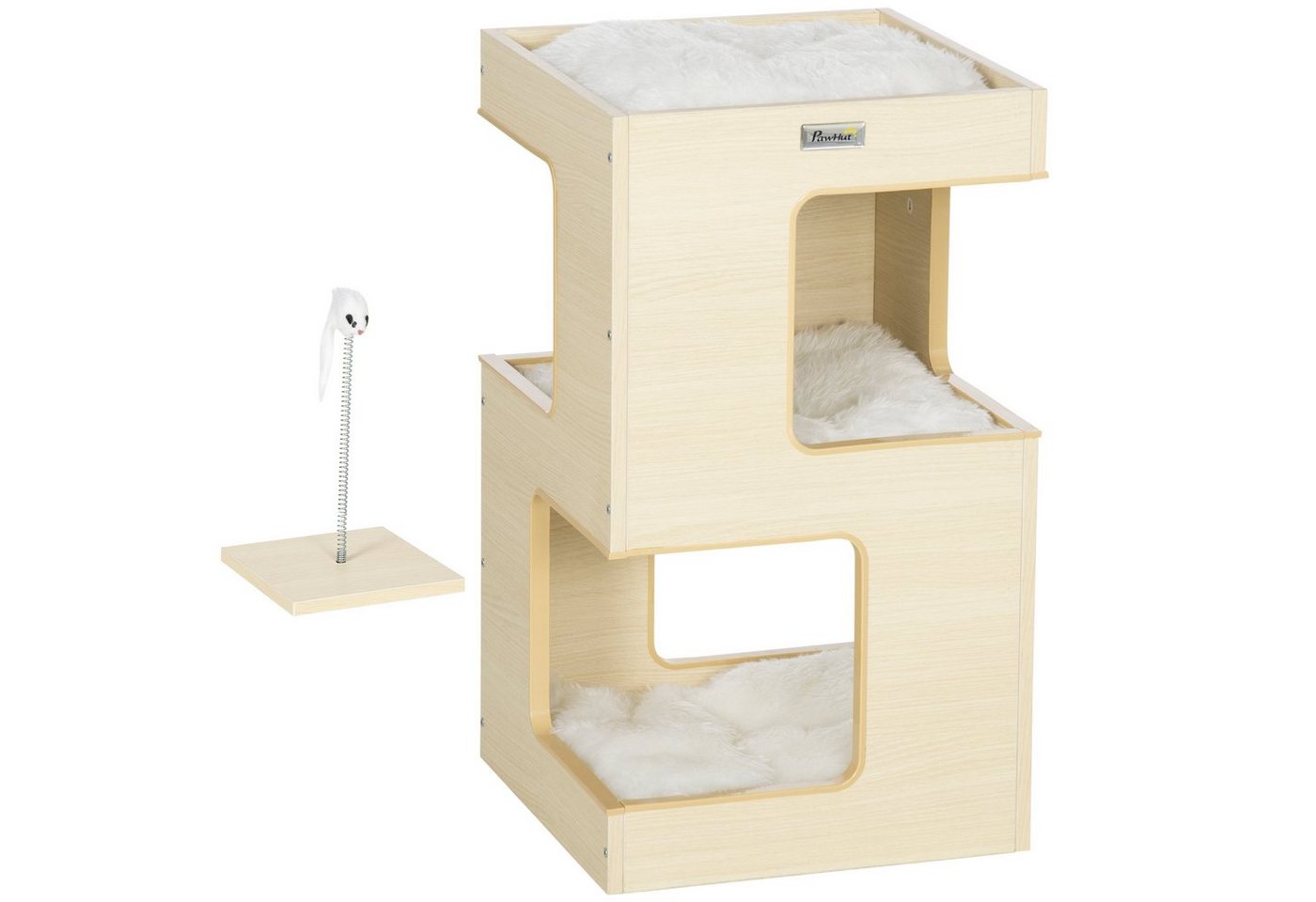 PawHut Tierhaus Katzentonne, KatzenhГ¶hle, 2 Ebenen, inkl. Spielzeug, Eiche, 34L x 34B x 60H cm, Weiche Polsterung, Mausspielzeug, Geeignet für Katzen unter 5 kg