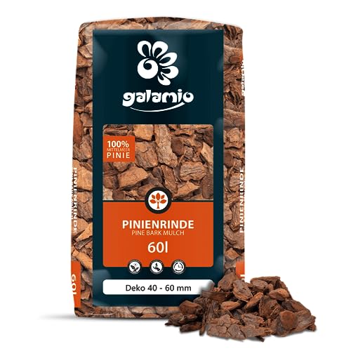 GALAMIO Pinienrinde Deko 40-60mm, 60l Sack Rindenmulch aus Mittelmeerkiefer für effektiven Unkrautschutz und dekorative Bodenabdeckung, rostrot