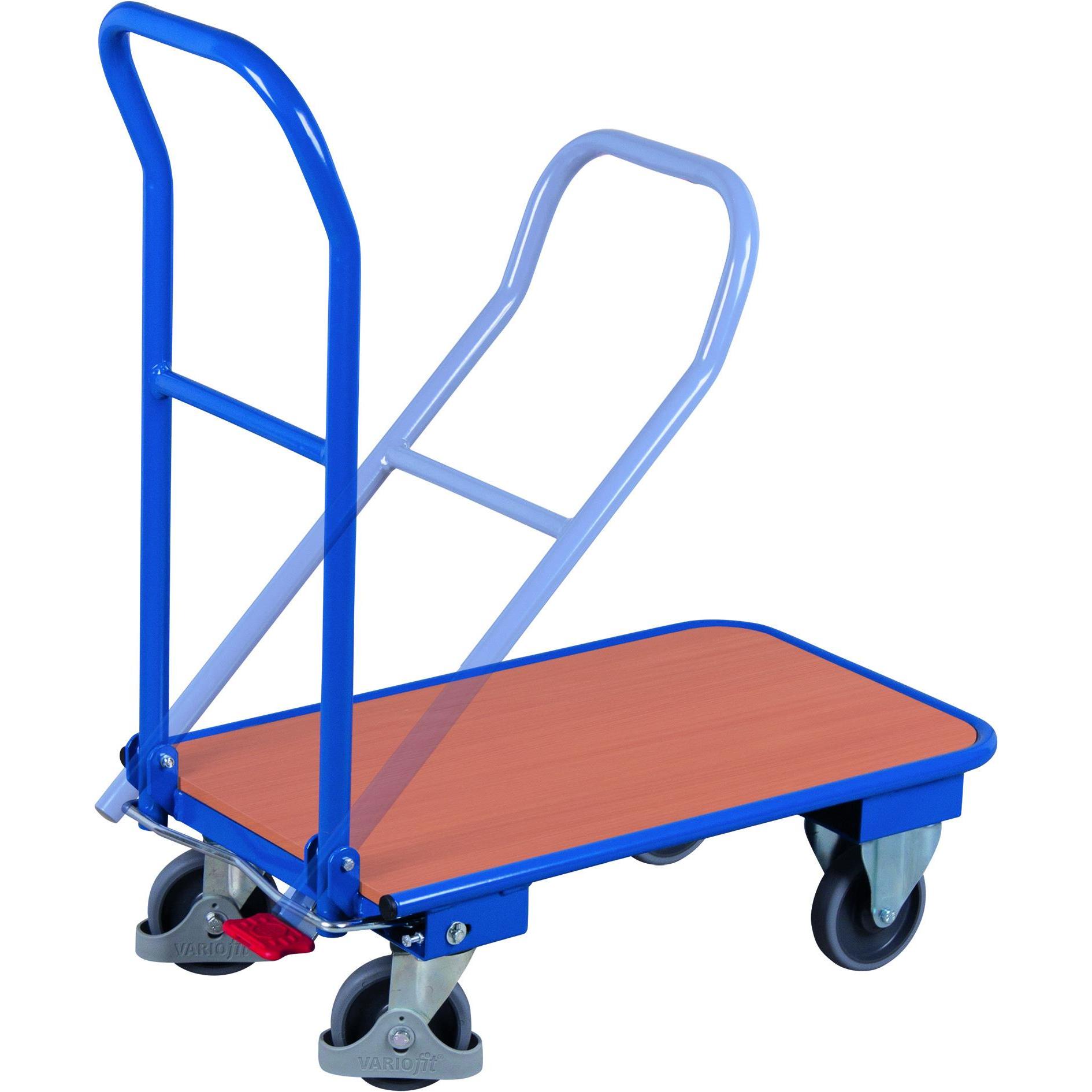 Variofit Transportwagen, Klappbügelwagen (150 kg) aus geschweißtem Stahl mit klappbarem Schiebegriff, Buche-Dekor, pulverbeschichtet in Gentianblau