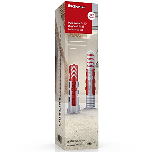 fischer Dübeltower 8 DuoPower / DuoSeal, Universaldübel DuoPower 8x40 für beste Haltewerte, abdichtender DuoSeal 8x48 für Anwendungen im Nassbereich, Bad-Dübel gegen Schimmel, 525 Stück