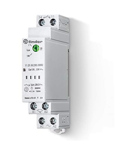 finder Dämmerungsschalter 11.31, automatischer Lichtsteuerungsschalter mit externem Lichtsensor, 16 A/230 V, einstellbare Schaltschwelle 1...100 lx, DIN-Schienen-Montage