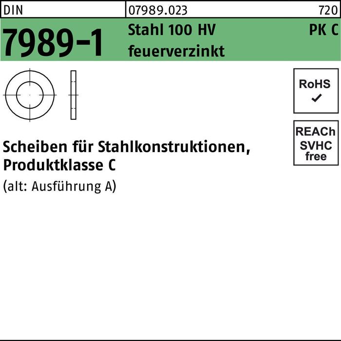 DIN 7989-1 Stahl 100 HV PK C feuerverzinkt Scheiben für Stahlkonstruktionen, Produktklasse C - Abmessung: 20-22 x 37 x8 VE=S (100 Stück)