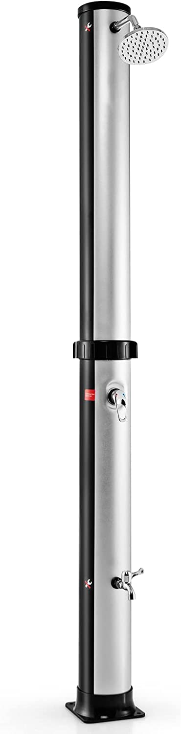 COSTWAY 217,5 cm Solardusche, Freistehende Gartendusche mit Frei Drehbarem Duschkopf, Fußdusche, Wasserhahn, Dusche mit 2 Sektionen & Temperatur- & Druckeinstellung für Pool, Garten, Strand (Silber)