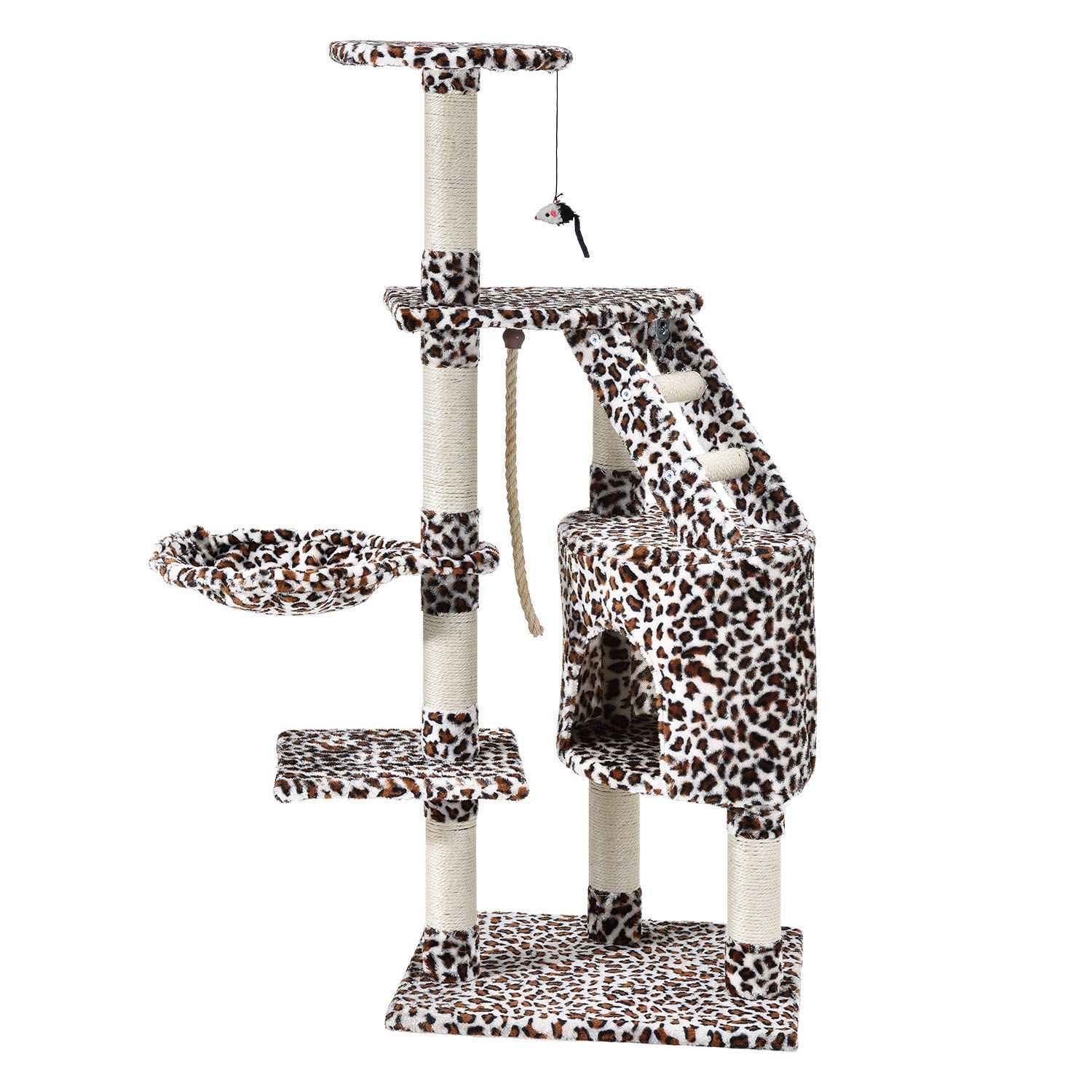 Juskys Kratzbaum Buffy leopard – Katzenbaum 118 cm hoch - Höhle, Liegemulde, Liegeflächen, Leiter & Sisal-Stämme – Stabiler Kletterbaum für Katzen
