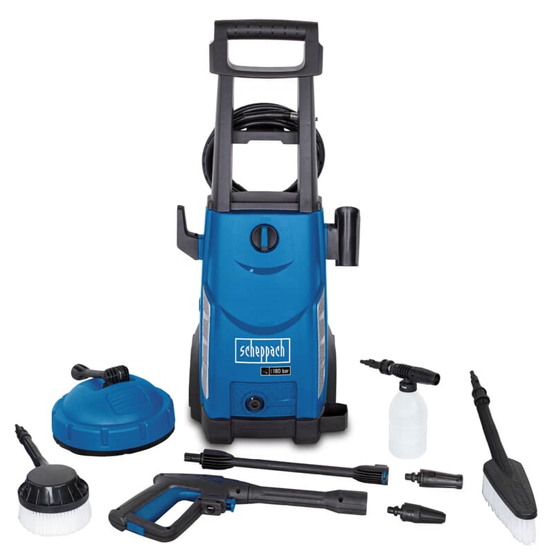 Scheppach Hochdruckreiniger HCE2400 mit 8-TLG. Zubehör | 5m Schlauch | 180bar | 230V 2400W | max. Fördermenge: 408 l/h | Ansaugfunktion | langlebige Aluminium Pumpe | inkl. Reinigungsmitteltank