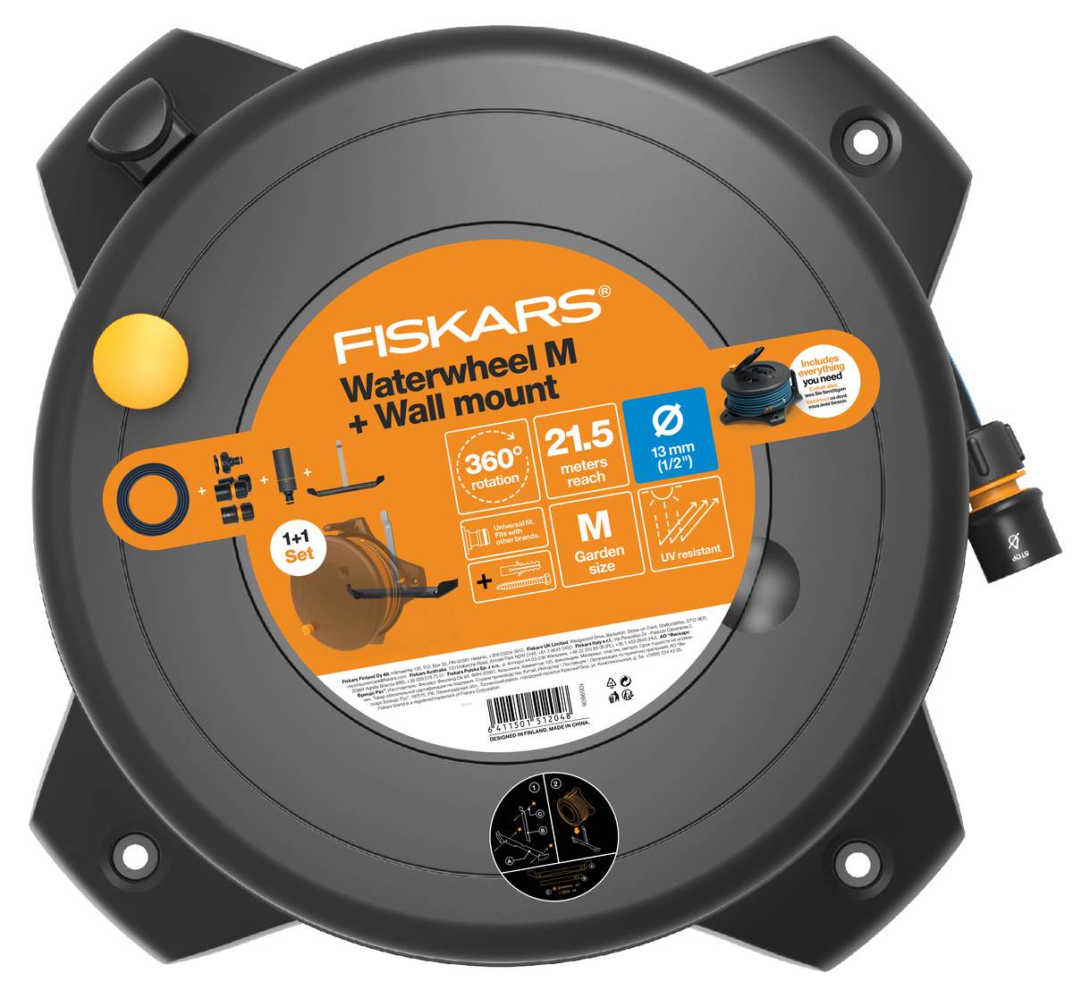 Fiskars Waterwheel M mit Wandhalterung, Schlauchtrommel & Schlauch, Anschlussdurchmesser 1/2 Zoll 21,5 m Schlauchlänge Schlauchdurchmesser 13 mm 5,8 kg