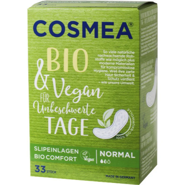 COSMEA Bio & Vegan Slipeinlagen Normal aus Baumwolle, ohne Plastikfolie, atmungsaktiv, ohne Chemie & ohne Tierversuche 33 Stück