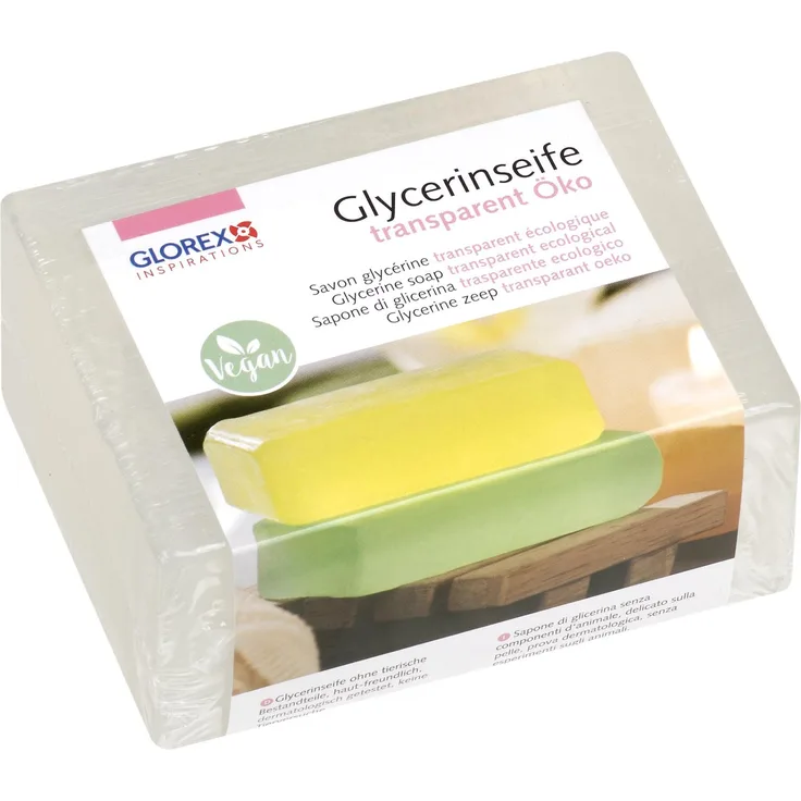 GLOREX 6 1600 121 Glycerinseife Öko transparente Seife auf hautneutraler Basis dermatologisch getestet 100 % Vegan 500 g Block als Grundlage zum Seifengießen für Alle Hauttypen geeignet