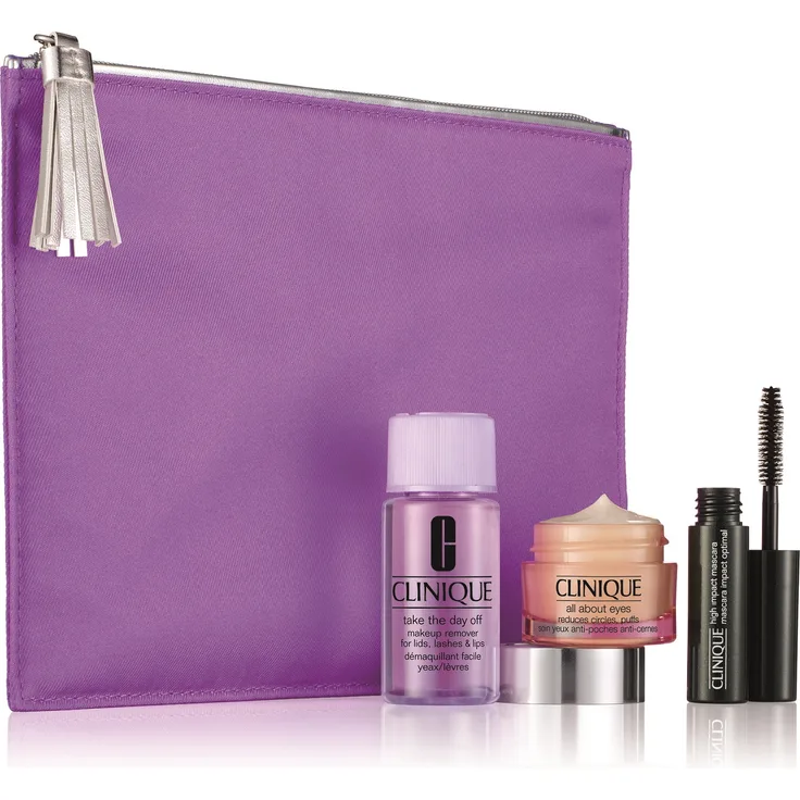 Clinique All About Eyes Value Set, Augenpflege-Set, All About Eyes 15 ml, High Impact Mascara 3,5 ml, Take The Day Off 30 ml, Kosmetiktasche Lila