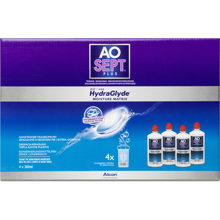 Aosept Plus mit Hydraglyde Pflegemittel, Systempack, 360 ml (4er Pack) - Preisvergleich