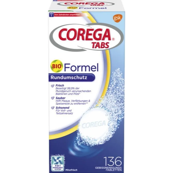 Corega Bio Formel Tabs 136er, hilft Plaque und Verfärbungen zu entfernen