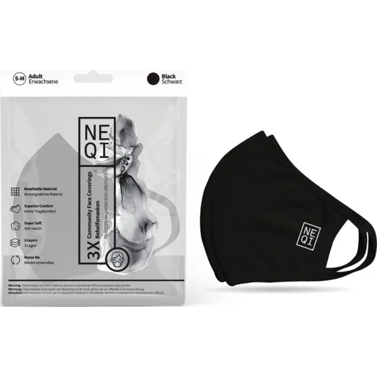 NEQI Mund- und Nasenmaske Black 3.Stk - Größe S-M