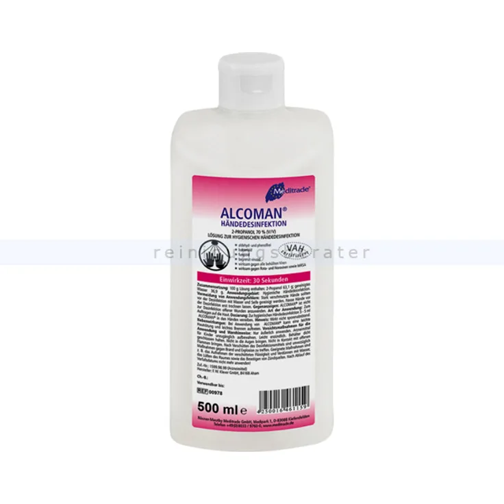 Händedesinfektion Meditrade Alcoman 500 ml umfassend wirksam, DGMH-VAH Zertifikat