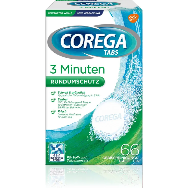 Corega Reinigungs-TABS 3 Minuten für herausnehmbaren Zahnersatz-dritte Zähne, Gebissreinigungstabletten, 1x66