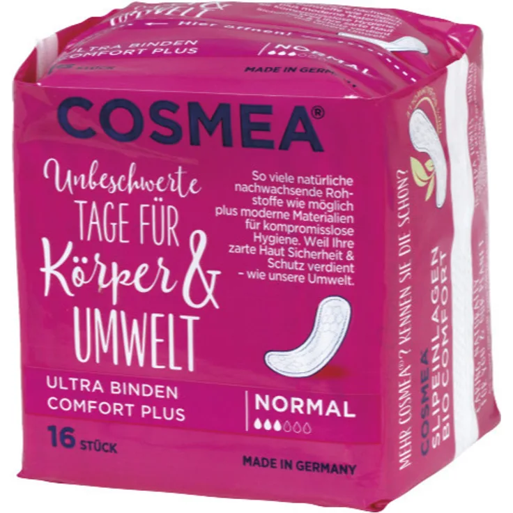 COSMEA Ultra Binden Normal lange Körperform-Slipeinlagen für optimalen Schutz, Saugkern aus mikrofeinen Naturfasern 16 Stück