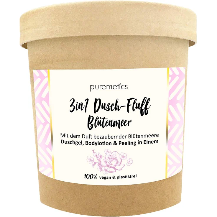 puremetics 3in1 Dusch-Fluff 250 g Duschgel Peeling und Lotion in Einem 100% vegan & plastikfrei pflegend hautverfeinernd & glättend – Bild 1