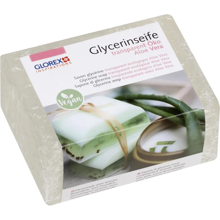 GLOREX 6 1600 161 Glycerinseife Öko mit Aloe Vera transparente Seife auf hautneutraler Basis dermatologisch getestet 100 % Vegan 500 g Block als Grundlage zum Seifengießen für Alle Hauttypen geeignet