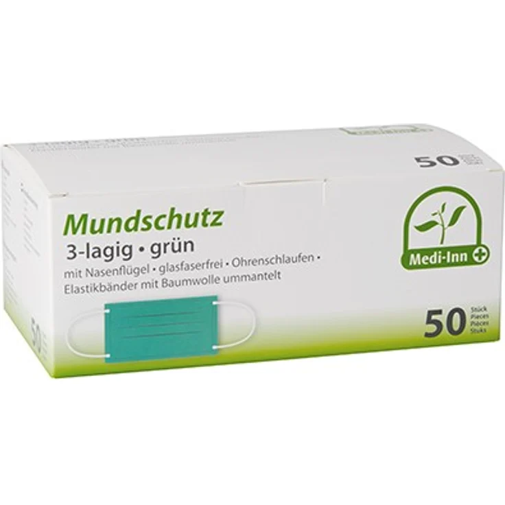 50 ''Medi-Inn'' Mundschutz Type II, 3-lagig 9 cm x 17,5 cm grün mit Nasenbügel