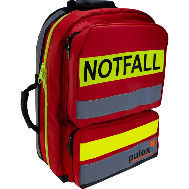 Pulox Erste HIlfe Rucksack, Notfallrucksack rot, aus Plane, mit Füllung Advance mit Pulsoximeter PO-200
