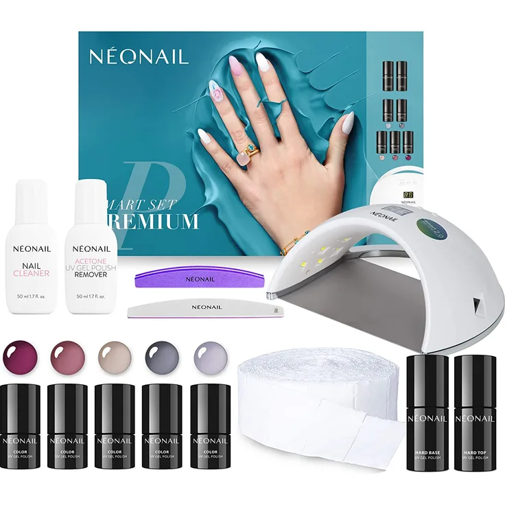 NeoNail Neonail Smart Set Premium, Nageldesign-Set, UV-Nagellacke, Nail Polisher 100/180, Zelletten 12-lagig (250 Stück), Nail File 100/180, Lampe LED 21W/48 ECO, Nail Cleaner (50 ml), UV-Nagellack-Remover Acetone (50 ml), Holzstäbchen (10 Stück), 3D HOLO