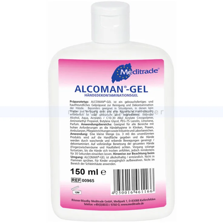 Meditrade Alcoman Händedekontaminationsgel 150 ml Händedekontaminationsgel,umfassend wirksam, VAH zertifiziert