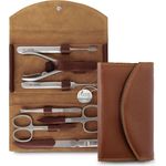 Nippes Classic Maniküre-Set braun, inkl. Hautschere, Nagelschere, Saphirfeile, Pinzette, Reiniger, Nagelhautschieber & aus rostfreiem Stahl, Rindleder-Etui