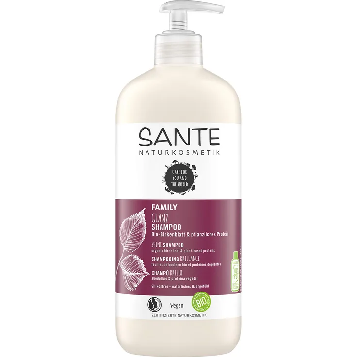 Sante Naturkosmetik glanz Shampoo Bio-Birkenblatt & Pflanzliches Protein Natürliche Haarpflege Für glänzendes Haar Vom Ansatz Bis In Die Spitzen Mit Pumpspender Vegan 500 ml