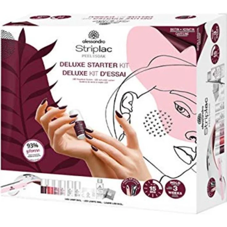 Alessandro Striplac Peel or Soak Deluxe Starter Kit, Nageldesign-Set, 1x LED Lampe, 1x Striplac Peel or Soak 526 Velvet Red 5 ml, 1x Striplac Peel or Soak 639 Be My Lover 5 ml, 1x Striplac Peel or Soak 640, Panama Hut Shimmer 5 ml 1x Striplac Peel or Soak – Bild 1