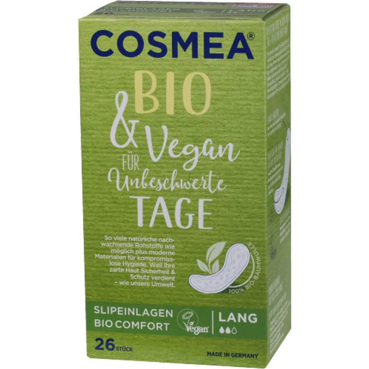 COSMEA Bio & Vegan Slipeinlagen Lang aus Bio-Baumwolle, ohne Chemie & ohne Tierversuche, atmungsaktiv, für leichte Menstruation 26 Stück