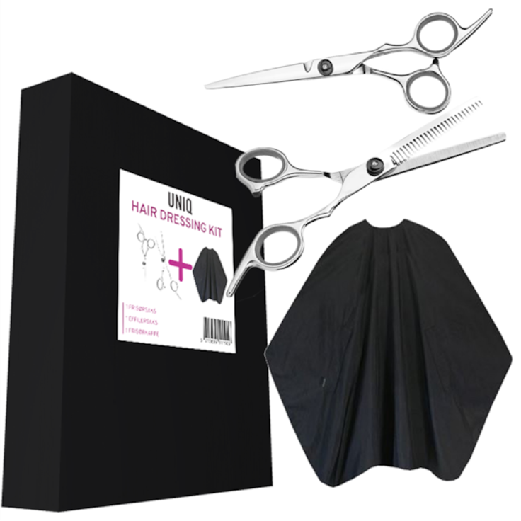 Uniq Friseurset mit Haarschneideschere, Modellierschere und Friseurumhang