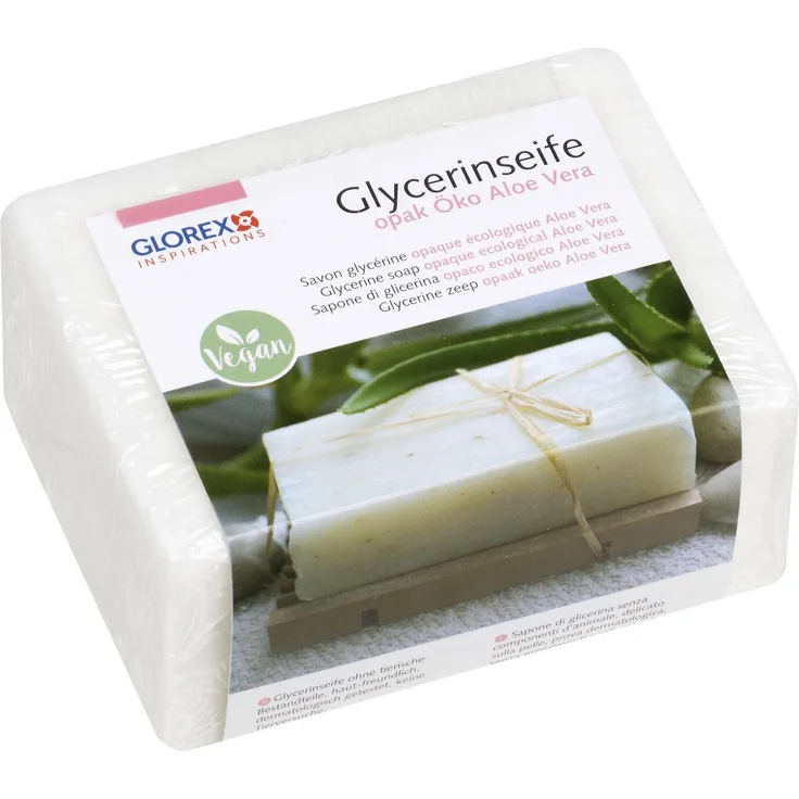 GLOREX 6 1600 171 Glycerinseife Öko mit Aloe Vera opake Seife auf hautneutraler Basis dermatologisch getestet 100 % Vegan 500 g Block als Grundlage zum Seifengießen für Alle Hauttypen geeignet